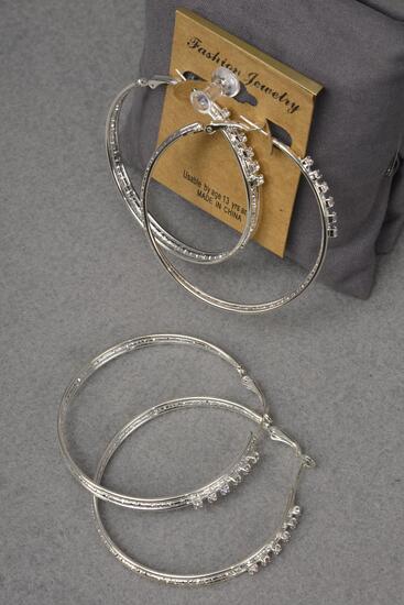 Earrings Metal Hoop Clear Rhinestones Post Silver / 12 pair = Dozen Silver , Post , Size - 2" Wide , Earring Card & OPP Bag & UPC Code