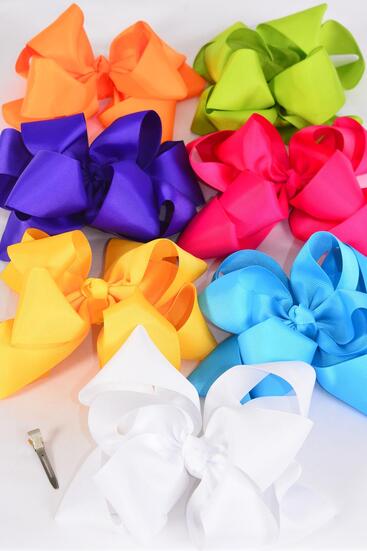 Hair Bow Jumbo Double Layered Citrus Grosgrain Bow-tie / 12 pcs = Dozen  Alligator Clip , Size - 6" x 5" Wide , 2 Fuchsia , 2 Blue , 2 Yellow , 2 Purple , 2 White , 1 Lime , 1 Orange Color Mix , Clip Strip & UPC Code
