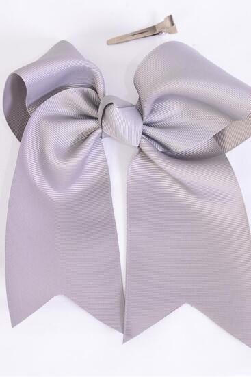 Hair Bow Extra Jumbo Long Tail Cheer Type Bow Gray Grosgrain Bow-tie / 12 pcs Bow = Dozen Gray , Alligator Clip , Size - 6.5" x 6" Wide , Clip Strip & UPC Code