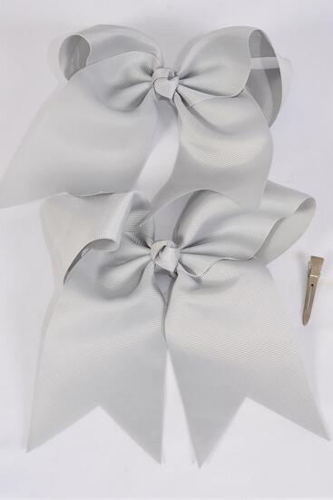 Hair Bow Extra Jumbo Long Tail Cheer Type Bow Silver Gray Grosgrain Bow-tie / 12 pcs Bow = Dozen Silver Gray , Alligator Clip , Size - 6.5" x 6" Wide , Clip Strip & UPC Code