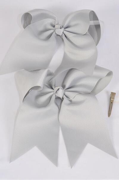 Hair Bow Extra Jumbo Long Tail Cheer Type Bow Silver Gray Grosgrain Bow-tie / 12 pcs Bow = Dozen Silver Gray , Alligator Clip , Size - 6.5" x 6" Wide , Clip Strip & UPC Code