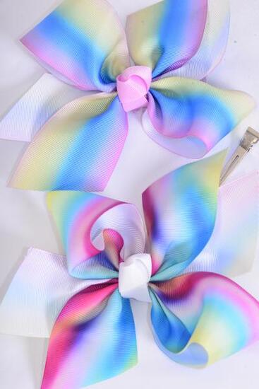 Hair Bow Jumbo Tiedye Gradient Rainbow Grosgrain Bow-tie / 12 pcs Bow = Dozen Alligator Clip , Size - 6" x 5" Wide , 6 of each Pattern Mix , Clip Strip & UPC Code