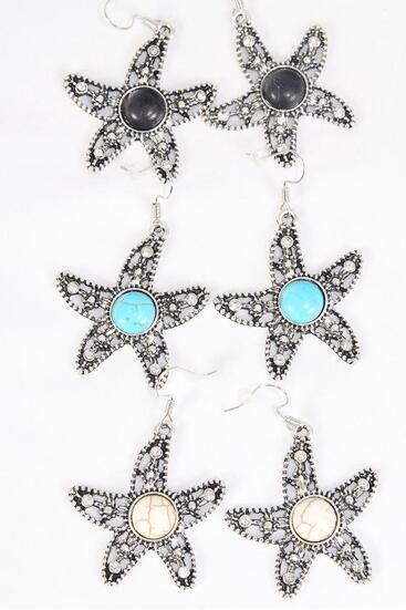 Earrings Metal Antique Starfish Semiprecious Stone / 12 pair = Dozen Fish Hook , Size - 1.5" Wide , 4 Black , 4 Ivory , 4 Turquoise Asst , Earring Card & OPP Bag & UPC Code 