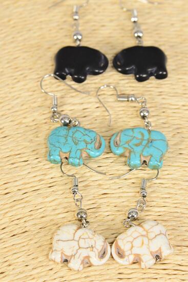 Earrings Metal Antique Elephant Semiprecious Stone / 12 pair = Dozen Fish Hook , Size - 1" x 0.75" Wide , 4 Black , 4 Ivory , 4 Turquoise Color Asst , Earring Card & OPP Bag & UPC Code