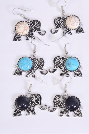 Earrings Metal Antique Elephant Semiprecious Stone / 12 pcs = Dozen match 76014 Fish Hook , Size - 1.25" x 1" Wide , 4 Black , 4 Ivory , 4 Turquoise Color Asst , Earring Card & OPP Bag & UPC Code 