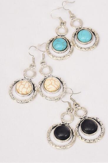 Earrings Metal Antique Round Dangle Semiprecious Stone / 12 pair = Dozen match 76010 Fish Hook , Size-1.75"x  0.5" Wide , 4 Black , 4 Ivory , 4 Turquoise Asst , Earring Card & OPP Bag & UPC Code -