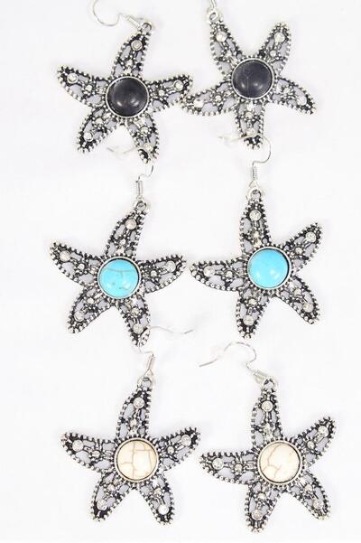 Earrings Metal Antique Starfish Semiprecious Stone / 12 pair = Dozen Fish Hook , Size - 1.5" Wide , 4 Black , 4 Ivory , 4 Turquoise Asst , Earring Card & OPP Bag & UPC Code 