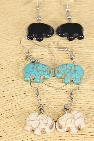 Earrings Metal Antique Elephant Semiprecious Stone / 12 pair = Dozen Fish Hook , Size - 1" x 0.75" Wide , 4 Black , 4 Ivory , 4 Turquoise Color Asst , Earring Card & OPP Bag & UPC Code