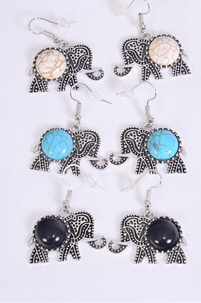 Earrings Metal Antique Elephant Semiprecious Stone / 12 pcs = Dozen match 76014 Fish Hook , Size - 1.25" x 1" Wide , 4 Black , 4 Ivory , 4 Turquoise Color Asst , Earring Card & OPP Bag & UPC Code 