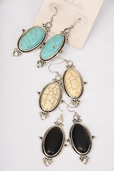 Earrings Metal Antique Oval Semiprecious Stone / 12 pair = Dozen match 76019 Fish Hook , Size - 1.75" x 1" Wide , 4 Black , 4 Ivory , 4 Turquoise Color Asst , Earring Card & OPP Bag & UPC Code