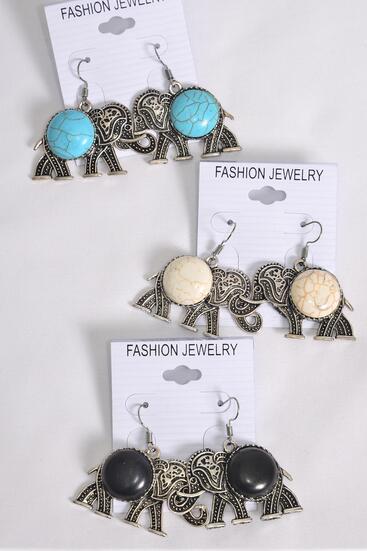 Earrings Metal Antique Large Elephant Semiprecious Stone / 12 pair = Dozen Fish Hook , Size - 2 x 1.25" Wide , 4 Black , 4 Ivory , 4 Turquoise Color Asst , Earring Card & OPP Bag & UPC Code