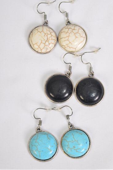 Earrings Metal Antique Round Semiprecious Stone / 12 pair = Dozen Fish Hook , Size - 1" Wide , 4 Black , 4 Ivory , 4 Turquoise Color Asst , Earring Card & OPP Bag & UPC Code 