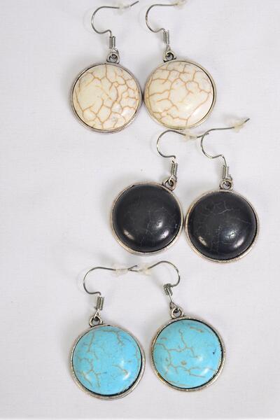 Earrings Metal Antique Round Semiprecious Stone / 12 pair = Dozen Fish Hook , Size - 1" Wide , 4 Black , 4 Ivory , 4 Turquoise Color Asst , Earring Card & OPP Bag & UPC Code 
