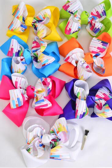 Hair Bow Jumbo Color Pencil Back to school Etc Grosgrain Bow-tie / 12 pcs Bow = Dozen Alligator Clip , Size - 6" x 5" Wide , 2 White , 2 Fuchsia , 2 Purple , 2 Yellow , 2 Blue , 1 Lime , 1 Orange Color Asst , Clip Strip and UPC Code