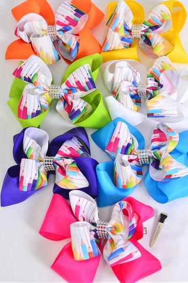 Hair Bow Jumbo Color Pencil Back to school Etc Grosgrain Bow-tie Multi / 12 pcs Bow = Dozen Alligator Clip , Size - 6" x 5" Wide , 2 White , 2 Fuchsia , 2 Purple , 2 Yellow , 2 Blue , 1 Lime , 1 Orange Color Asst , Clip Strip and UPC Code