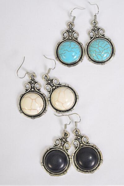 Earrings Metal Antique Semiprecious Stone / 12 pair = Dozen  match 75027 Fish Hook , Size - 1.25" x 1" Wide , 4 Black , 4 Ivory , 4 Turquoise Color Asst , Earring Card & OPP Bag & UPC Code 