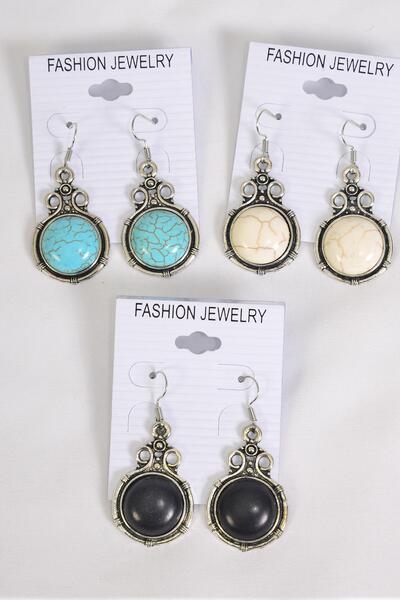 Earrings Metal Antique Semiprecious Stone / 12 pair = Dozen Fish Hook , Size - 1.25" x 1" Wide , 4 Black , 4 Ivory , 4 Turquoise Color Asst , Earring Card & OPP Bag & UPC Code 