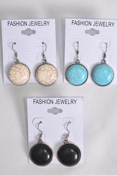 Earrings Metal Antique Round Semiprecious Stone / 12 pair = Dozen Fish Hook , Size - 1" Wide , 4 Black , 4 Ivory , 4 Turquoise Color Asst , Earring Card & OPP Bag & UPC Code 
