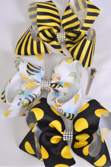 Hair Bow Jumbo Cute Honey Bee Stripe Polka dots Pattern Mix Grosgrain Bow-tie / 12 pcs Bow = Dozen  Alligator Clip , Size - 6" x 5" Wide , 4 Of each Pattern Asst , Clip Strip & UPC Code