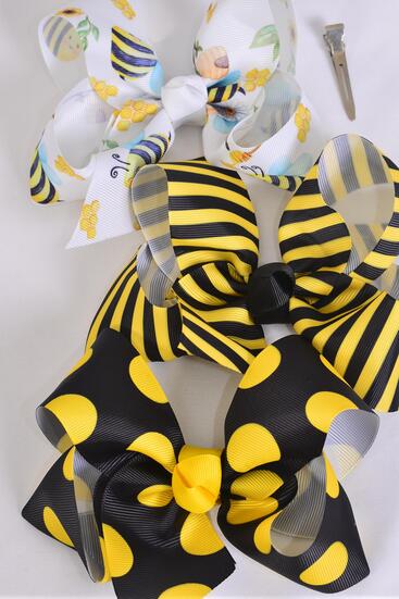 Hair Bow Jumbo Cute Honey Bee Stripe Polka dots Pattern Mix Grosgrain Bow-tie / 12 pcs Bow = Dozen Alligator Clip , Size - 6" x 5" Wide , 4 Of each Pattern Asst , Clip Strip & UPC Code