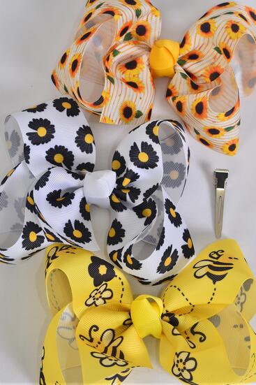 Hair Bow Jumbo Sunflower Honey Bee Daisy Flower Mix Grosgrain Bow-tie / 12 pcs Bow = Dozen  Alligator Clip , Size - 6" x 5" Wide , 4 Of Each Pattern Asst , Clip Strip and UPC Code