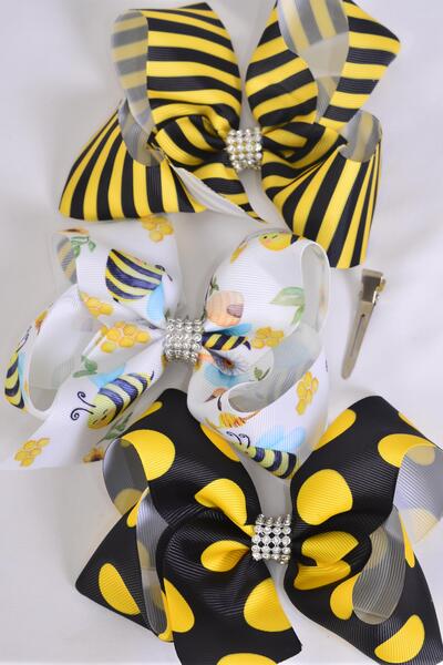 Hair Bow Jumbo Cute Honey Bee Stripe Polka dots Pattern Mix Grosgrain Bow-tie / 12 pcs Bow = Dozen  Alligator Clip , Size - 6" x 5" Wide , 4 Of each Pattern Asst , Clip Strip & UPC Code