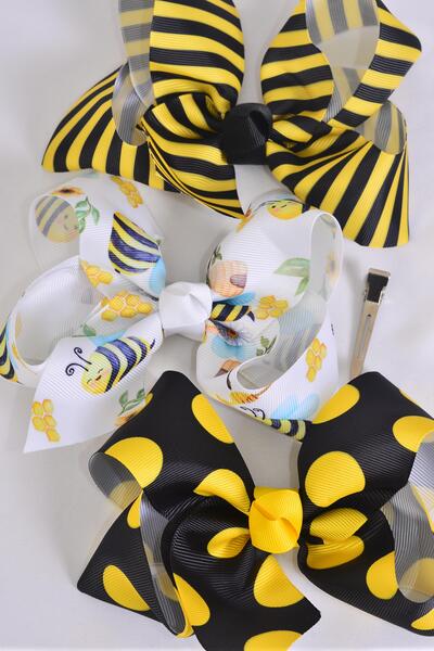 Hair Bow Jumbo Cute Honey Bee Stripe Polka dots Pattern Mix Grosgrain Bow-tie / 12 pcs Bow = Dozen Alligator Clip , Size - 6" x 5" Wide , 4 Of each Pattern Asst , Clip Strip & UPC Code