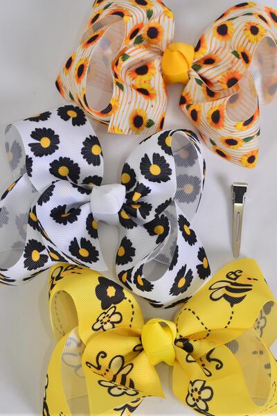 Hair Bow Jumbo Sunflower Honey Bee Daisy Flower Mix Grosgrain Bow-tie / 12 pcs Bow = Dozen  Alligator Clip , Size - 6" x 5" Wide , 4 Of Each Pattern Asst , Clip Strip and UPC Code