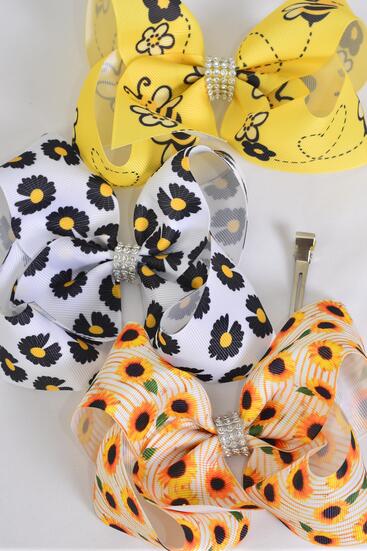 Hair Bow Jumbo Sunflower Honey Bee Daisy Flower Mix Grosgrain Bow-tie / 12 pcs Bow = Dozen  Alligator Clip , Size - 6" x 5" Wide , 4 Of Each Pattern Asst , Clip Strip and UPC Code