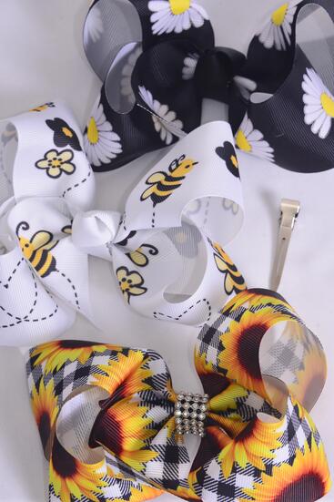 Hair Bow Jumbo Sunflower Honey Bee Daisy Flower Mix Grosgrain Bow-tie / 12 pcs Bow = Dozen Alligator Clip , Size - 6" x 5" Wide , 4 Of Each Pattern Asst , Clip Strip & UPC Code