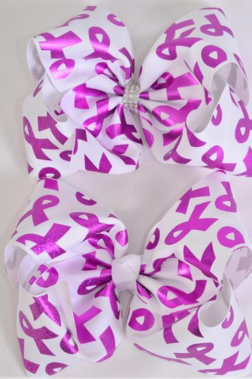 Hair Bow Extra Jumbo Pink Ribbon Holographic Grosgrain Bow-tie / 12 pcs Bow = Dozen Pink Ribbon , Alligator Clip , Sze - 8" x 7" Wide , Clip Strip & UPC Code