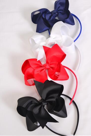 Headband Horseshoe Jumbo Grosgrain Bow-tie Red White Black Navy Mix / 12 pcs = Dozen Bow - 6" x 5" Wide , 3 Black , 3 White , 3 Red , 3 Navy Color Asst , Hang Tag & UPC Code , Clear Box