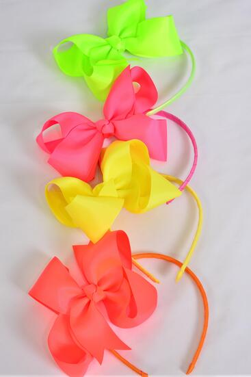 Headband Horseshoe Jumbo Neon Grosgrain Bow-tie / 12 pcs = Dozen  Bow Size - 6" x 5" Wide , 3 Neon Orange , 3 Neon Green , 3 Neon Pink , 3 Neon Yellow Color Mix , Hang Tag & UPC Code , W Clear Box-
