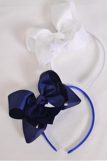 Headband Horseshoe Jumbo Grosgrain Bow-tie Navy White Mix / 12 pcs = Dozen Bow Size - 6" x 5" Wide , 6 Navy , 6 White Color Mix , Hang Tag & UPC Code , Clear Box