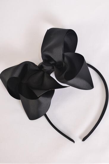 Headband Horseshoe Jumbo Grosgrain Bow-tie Black / 12 pcs = Dozen Black , Bow Size - 6" x 5" Wide , Hang Tag & UPC Code , w Clear Box