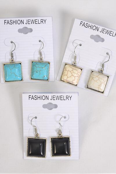 Earrings Metal Antique Square Semiprecious Stone / 12 pair = Dozen Fish Hook , Size - 0.75" Wide , 4 Black , 4 Ivory , 4 Turquoise Color Asst , Earring Card & OPP Bag & UPC Code-