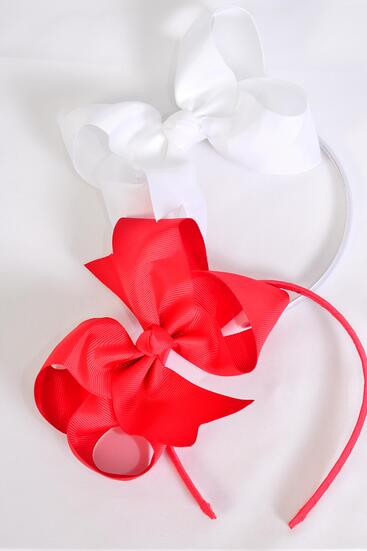 Headband Horseshoe Jumbo Grosgrain Bow-tie Red White Mix / 12 pcs = Dozen Bow Size - 6" x 5" Wide , 6 White , 6 Red Color Mix , Hang Tag & UPC Code , Clear Box