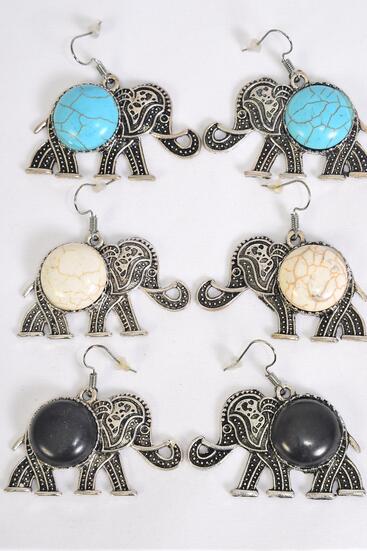 Earrings Metal Antique Large Elephant Semiprecious Stone / 12 pair = Dozen Fish Hook , Size - 2 x 1.25" Wide , 4 Black , 4 Ivory , 4 Turquoise Color Asst , Earring Card & OPP Bag & UPC Code