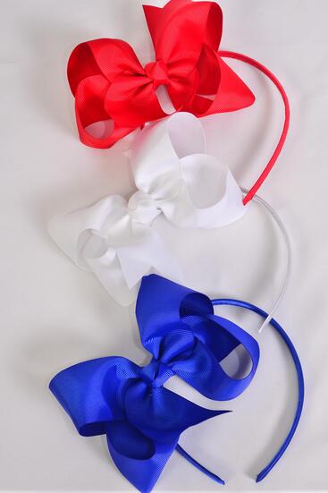 Headband Horseshoe Jumbo Patriotic Red White Royal Blue Mix Grosgrain Bow-tie / 12 pcs = Dozen Bow Size - 6" x 5" Wide , 4 Red , 4 White , 4 Royal Blue Color Asst , Hang Tag & UPC Code , Clear Box