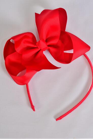 Headband Horseshoe Jumbo Grosgrain Bow-tie Red / 12 pcs = Dozen Red , Bow Size - 5" x 6" Wide , Hang Tag & UPC Code , Clear Box