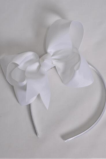 Headband Horseshoe Jumbo White Grosgrain Bow-tie / 12 pcs = Dozen  White , Bow Size - 6" x 5" Wide , Hang Tag & UPC Code , Clear Box
