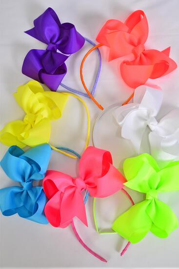 Headband Horseshoe Jumbo Caribbean Neon Grosgrain Bow-tie / 12 pcs = Dozen  Bow - 6" x 5" , 2 Turquoise , 2 Orange , 2 White , 2 Pink , 2 Purple , 1 Yellow , 1 Lime Mix , Display Card & UPC Code , W Clear Box