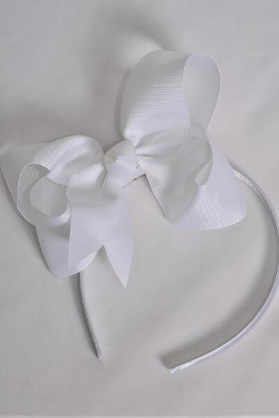 Headband Horseshoe Jumbo White Grosgrain Bow-tie / 12 pcs = Dozen  White , Bow Size - 6" x 5" Wide , Hang Tag & UPC Code , Clear Box