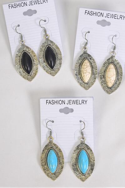 Earrings Metal Antique Aztec Western Look Real Semiprecious Stone / 12 pcs = Dozen Fish Hook , Size - 1.25" x 1" Wide , 4 Black , 4 Ivory , 4 Turquoise Color Asst , Earring Card & OPP Bag & UPC Code