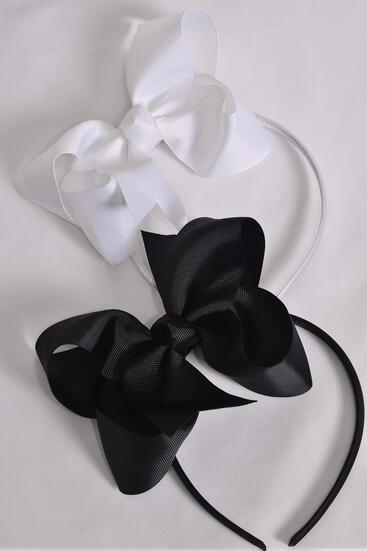 Headband Horseshoe Jumbo Grosgrain Bow-tie Black White Mix / 12 pcs = Dozen Bow Size - 6" x 5" , 6 Black , 6 White Color Mix , Hang Tag & UPC Code , Clear Box