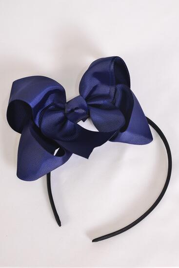 Headband Horseshoe Jumbo Grosgrain Bow-tie Navy / 12 pcs = Dozen Navy , Bow Size - 6" x 5" Wide , Hang Tag & UPC Code , W Clear Box