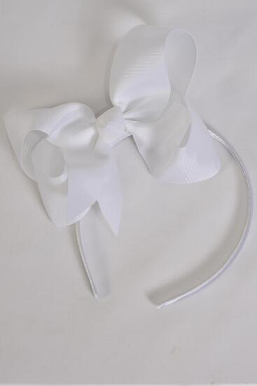 Headband Horseshoe Jumbo White Grosgrain Bow-tie / 12 pcs = Dozen White , Bow Size - 6" x 5" Wide , Hang Tag & UPC Code , Clear Box