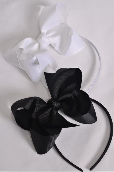 Headband Horseshoe Jumbo Grosgrain Bow-tie Black White Mix / 12 pcs = Dozen Bow Size - 6" x 5" , 6 Black , 6 White Color Mix , Hang Tag & UPC Code , Clear Box