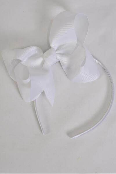 Headband Horseshoe Jumbo White Grosgrain Bow-tie / 12 pcs = Dozen White , Bow Size - 6" x 5" Wide , Hang Tag & UPC Code , Clear Box