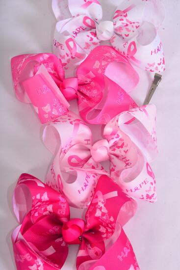 Hair Bow Jumbo Pink Ribbon Hope Grosgrain Bow-tie / 12 pcs Bow = Dozen Alligator Clip , Size - 6" x 5 Wide , 3 White , 3 Baby Pink , 3 Hot Pink , 3 Fuchsia Color Asst , Clip Strip & UPC Code